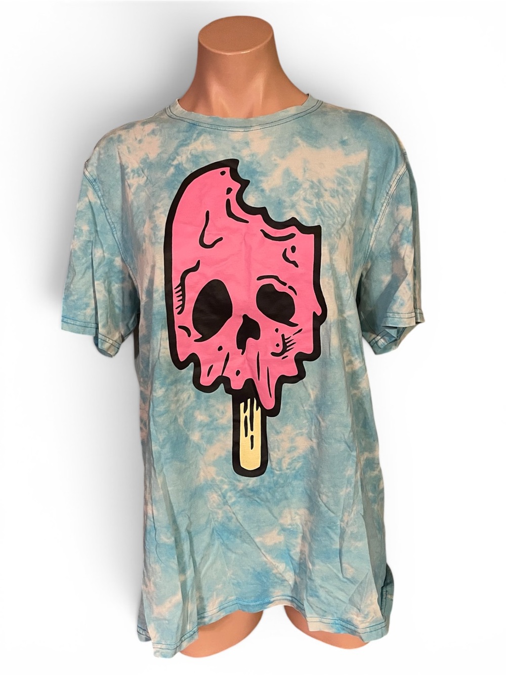 Hustle OG Blue Tie Dye Popsicle Skull Drip Graphic T-Shirt Short Sleeve M Flaw